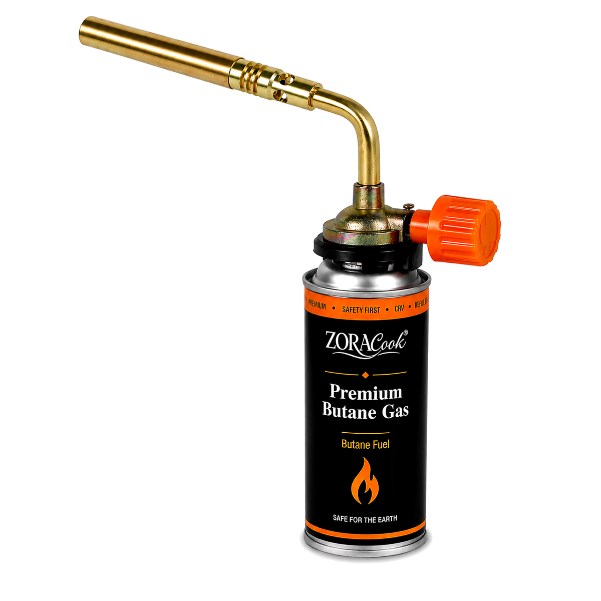 ZORACook burner nozzle screwed onto the valve of an upright 225g butane canister, shown beside a spare canister