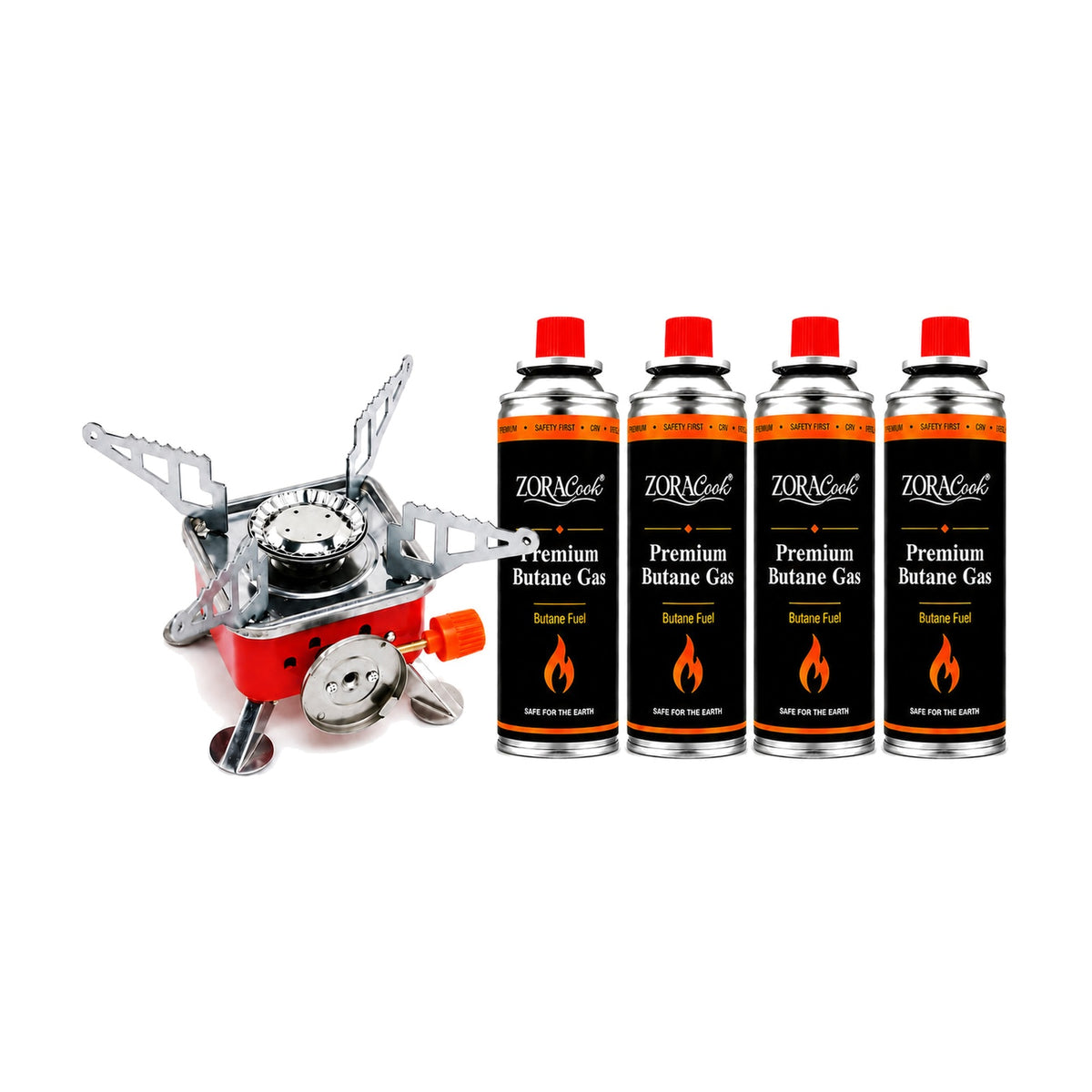ZORACook portable mini gas stove with legs open beside 4 ZORACook Premium Butane Gas cans 225g