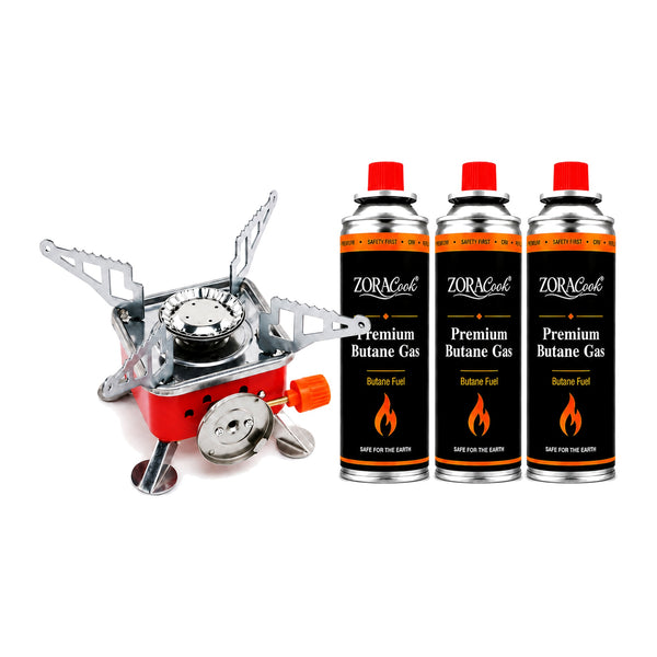 ZORACook Portable Mini Gas Stove with three 225g butane canisters