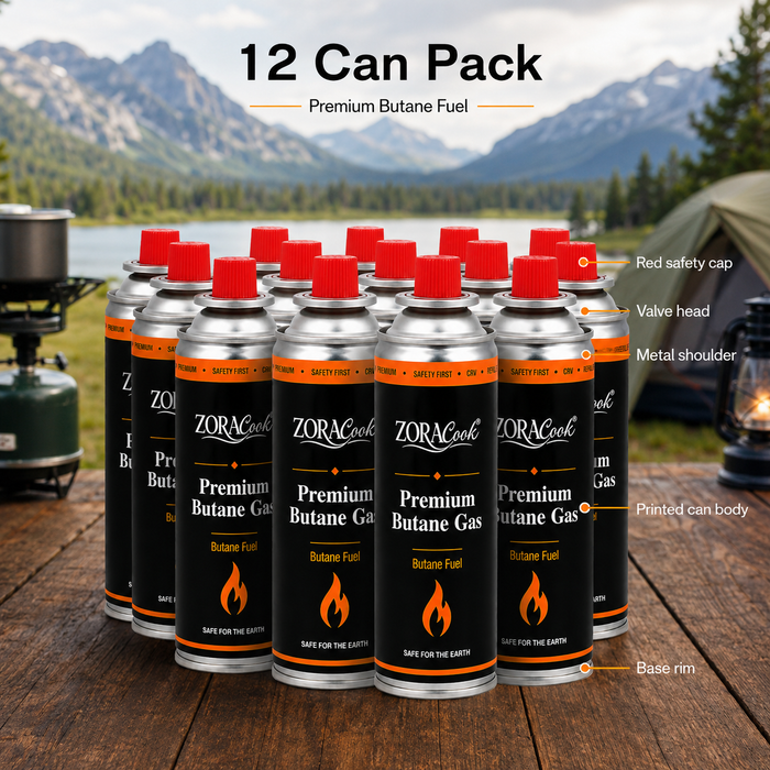 ZoraCook Butane Gas Can Pack of 12 — Bulk Value Case for Portable Stoves, Camping & Torches