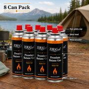 ZoraCook Butane Gas Can Pack of 8 — Value Fuel Pack for Portable Stoves, Camping & Torches