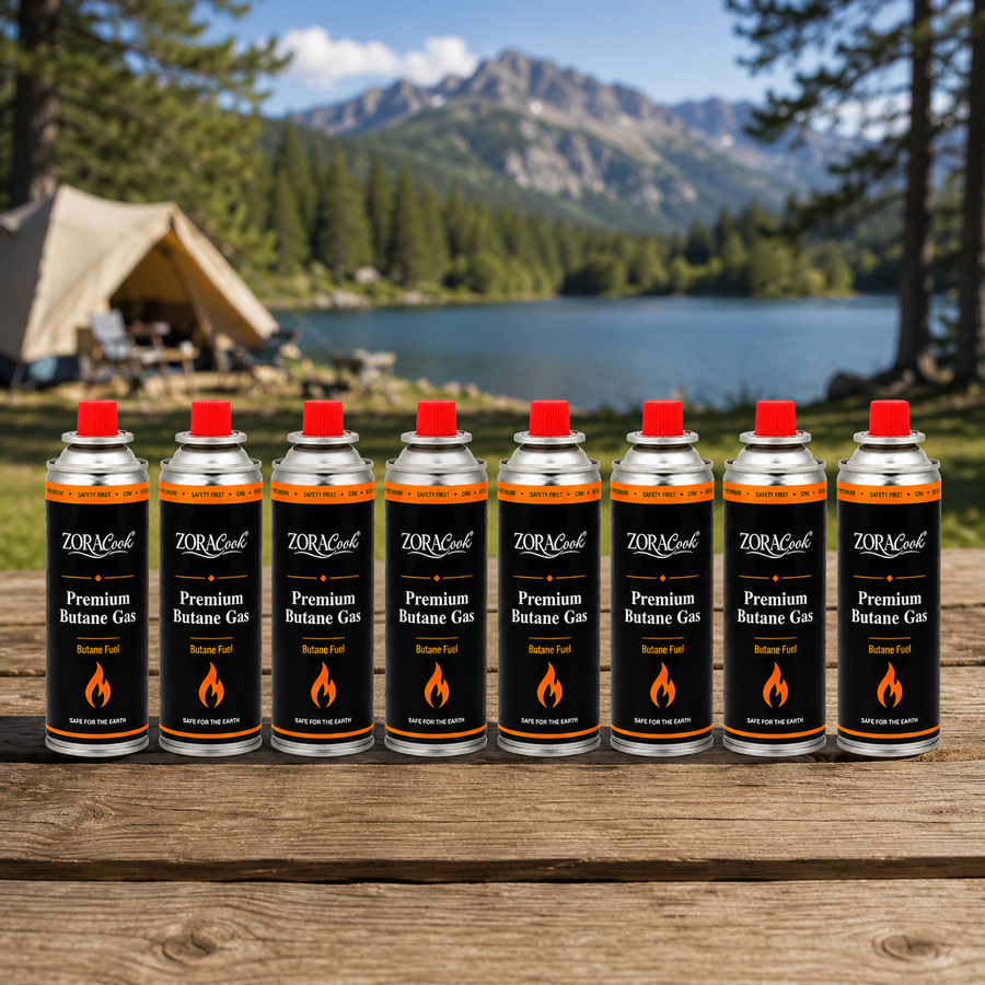 ZoraCook Butane Gas Can Pack of 8 — Value Fuel Pack for Portable Stoves, Camping & Torches