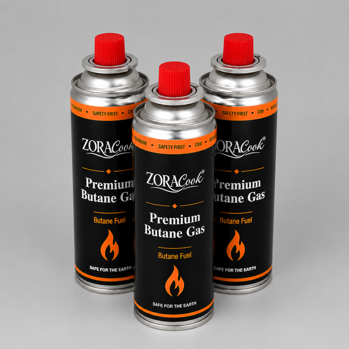 Three ZORACook 225g butane gas canisters included in this combo
