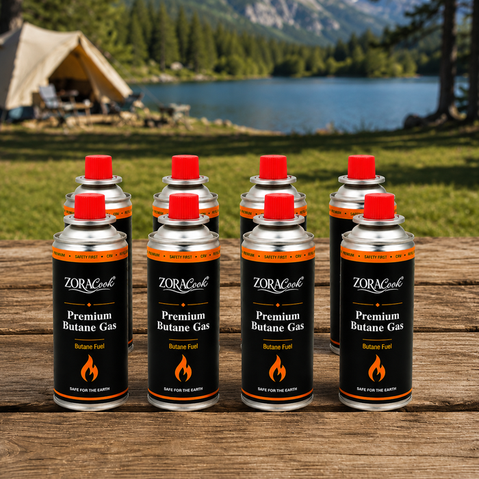 ZoraCook Butane Gas Can Pack of 8 — Value Fuel Pack for Portable Stoves, Camping & Torches