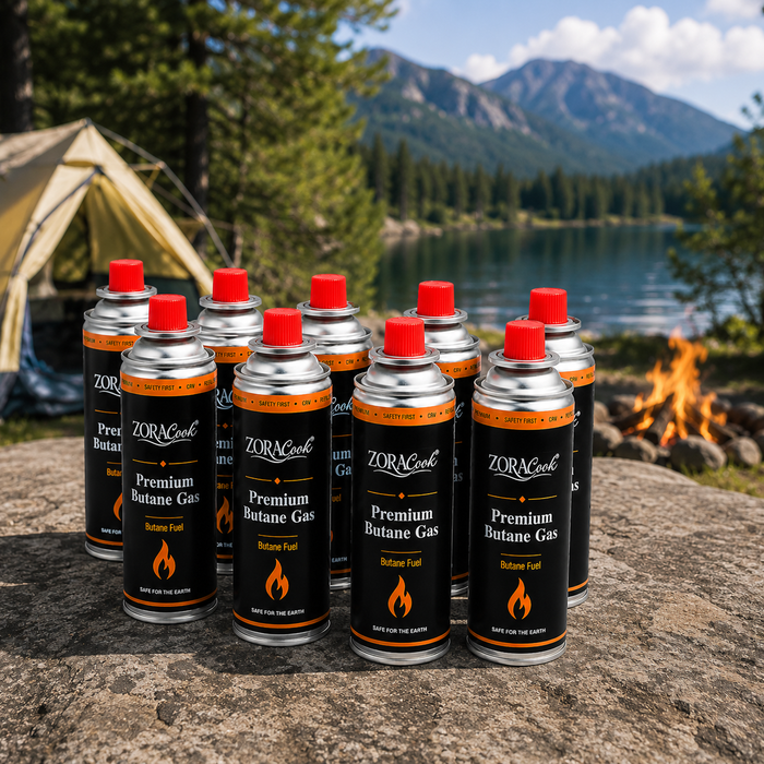 ZoraCook Butane Gas Can Pack of 8 — Value Fuel Pack for Portable Stoves, Camping & Torches