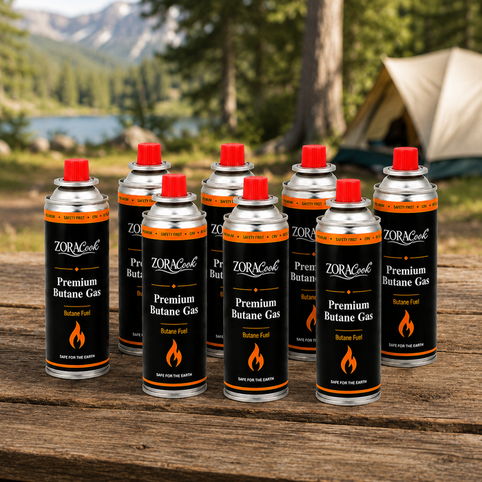 ZoraCook Butane Gas Can Pack of 8 — Value Fuel Pack for Portable Stoves, Camping & Torches