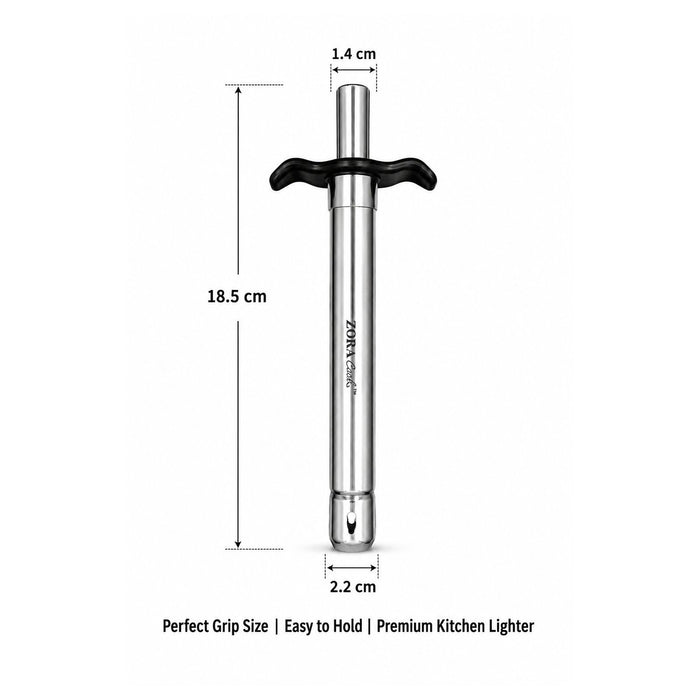 ZORACook silver steel gas lighter size: 18.5 cm long with a 2.2 cm grip