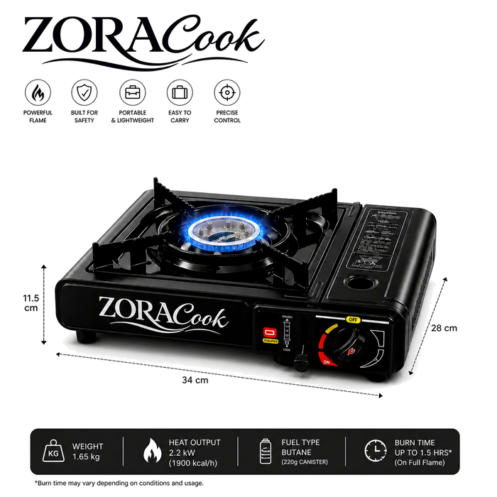 ZORACook Portable Gas Stove + 3 Butane Canisters