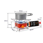 Dimensions diagram of the ZORACook Portable Mini Gas Stove: 350 mm wide with the butane can fitted horizontally into the side port, 220 mm tall with a pot on the lit burner, 135 mm deep
