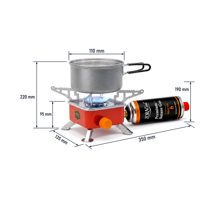 Dimensions diagram of the ZORACook Portable Mini Gas Stove: 350 mm wide with the butane can fitted horizontally into the side port, 220 mm tall with a pot on the lit burner, 135 mm deep