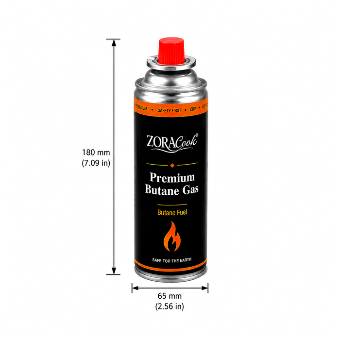 ZORACook 225g butane gas can dimensions, 180 mm tall and 65 mm wide