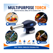 ZORACook handheld butane torch with its uses shown: kitchen cooking, BBQ, DIY soldering and camping
