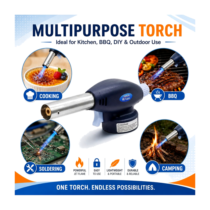 ZORACook handheld butane torch with its uses shown: kitchen cooking, BBQ, DIY soldering and camping