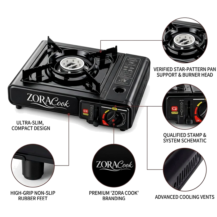 ZORACook Portable Gas Stove + 3 Butane Canisters