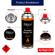 ZORACook 225g butane gas can breakdown showing spray nozzle, seal and label