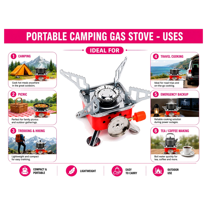 ZORACook Portable Mini Gas Stove shown for camping, picnic, trekking, travel and emergency cooking use