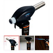ZORACook handheld butane torch with flame control knob fitted on a ZORACook Premium Butane Gas can