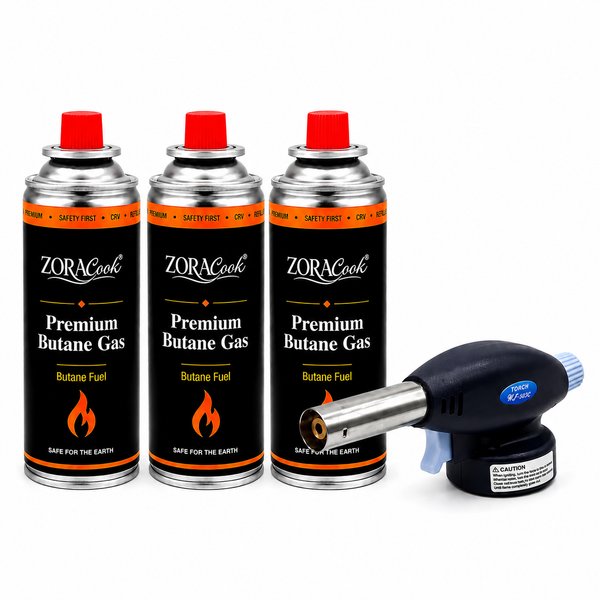 ZORACook handheld butane torch with 3 ZORACook Premium Butane Gas cans 225g