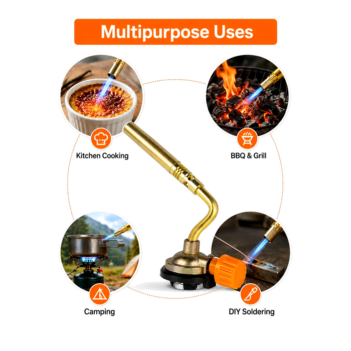 ZORACook burner nozzle shown for kitchen cooking, BBQ grilling, camping and DIY soldering use
