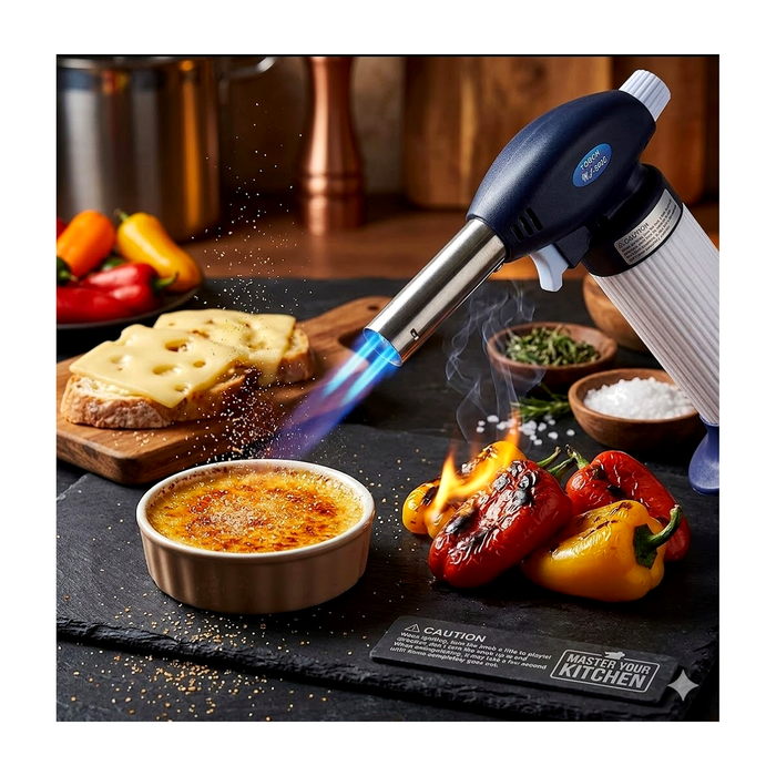 ZORACook handheld butane torch browning cheese toast and creme brulee on a kitchen counter
