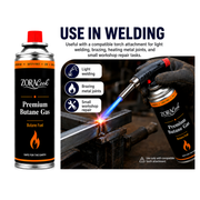 ZORACook butane gas can with a compatible torch heating a metal joint in a workshop