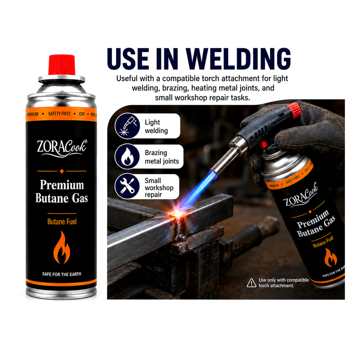 ZORACook butane gas can with a compatible torch heating a metal joint in a workshop