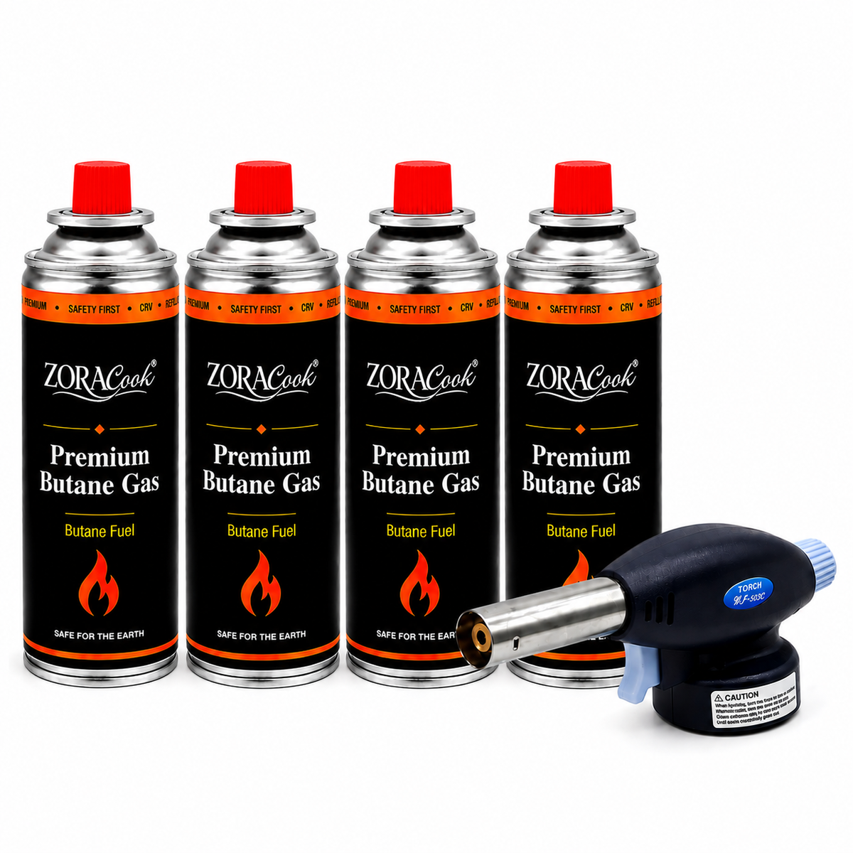 ZORACook handheld butane torch with 4 ZORACook Premium Butane Gas cans 225g