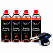 ZORACook handheld butane torch with 4 ZORACook Premium Butane Gas cans 225g