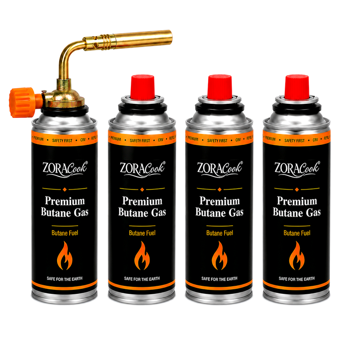 ZORACook burner nozzle attached to one butane canister, shown beside three spare 225g canisters