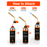 Three-step diagram showing how to align, twist and ignite the ZORACook burner nozzle on a butane canister