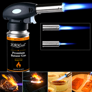 ZORACook handheld butane torch with blue flame on a ZORACook Premium Butane Gas can, flame size and cooking uses