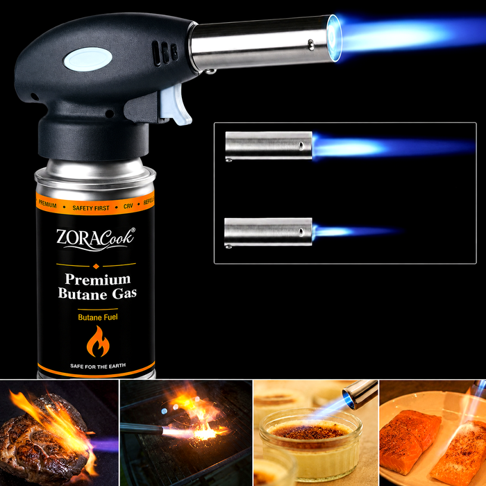 ZORACook handheld butane torch with blue flame on a ZORACook Premium Butane Gas can, flame size and cooking uses