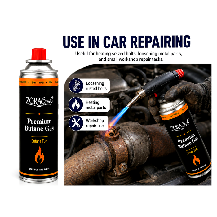 ZORACook butane gas can with a compatible torch heating a rusted bolt
