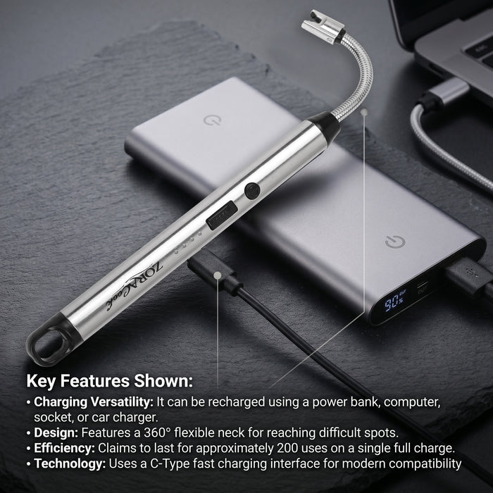 ZORACook USB rechargeable arc lighter charging from a power bank