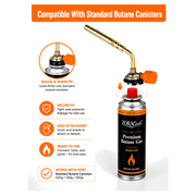 ZORACook burner nozzle demonstrated on creme brulee sugar before and after caramelizing, and on BBQ charcoal