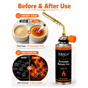 Before and after photos of the ZORACook burner nozzle caramelizing dessert sugar and lighting BBQ charcoal