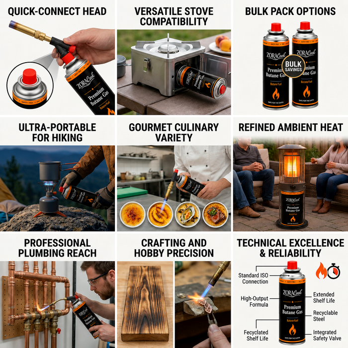 ZORACook butane gas can with quick-connect head, stove compatibility and bulk pack options