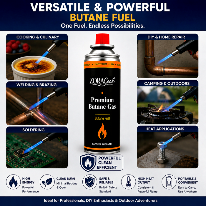 ZORACook butane fuel can with cooking, camping, soldering and home repair uses