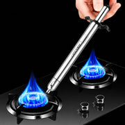 ZORACook silver gas lighter beside two lit gas burners