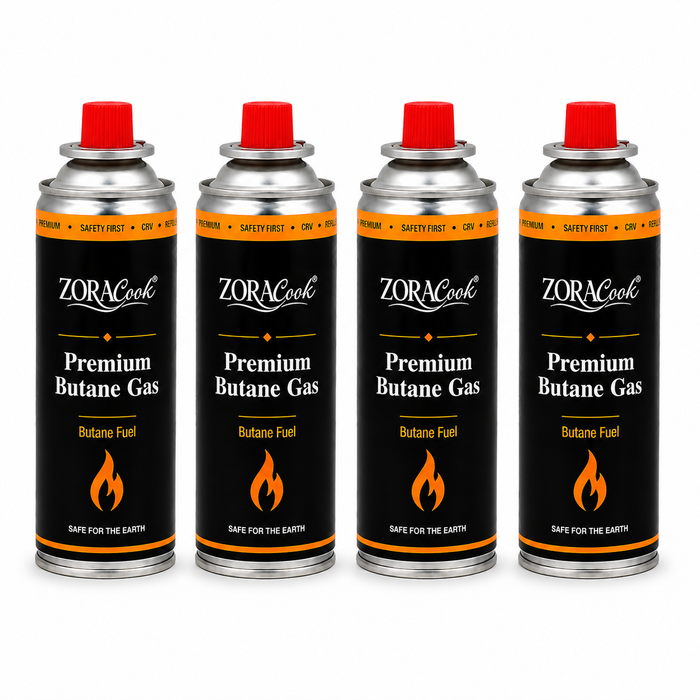 Four ZORACook 225g butane gas canisters included in this combo