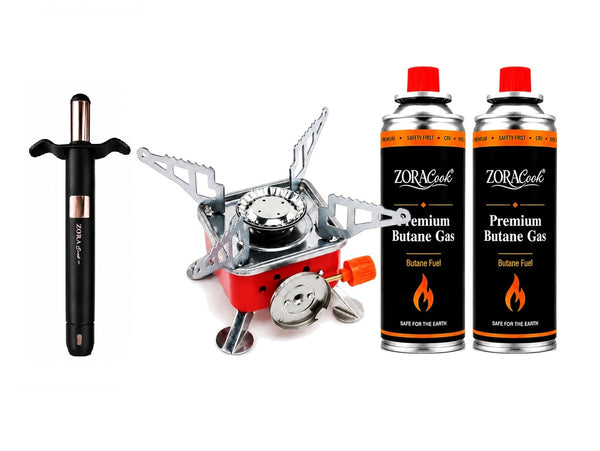 ZORACook Kitchen Starter Kit — Mini Gas Stove + 2 Butane Gas Cans + Spark Lighter