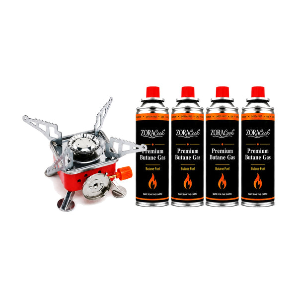 ZORACook portable mini gas stove with legs open beside 4 ZORACook Premium Butane Gas cans 225g