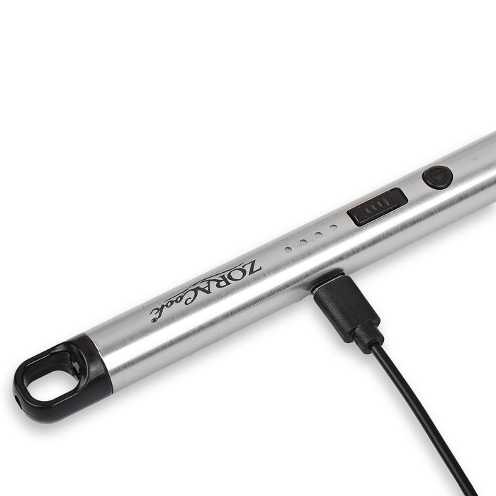 ZORACook Arc BBQ Lighter close-up with USB-C charging cable connected