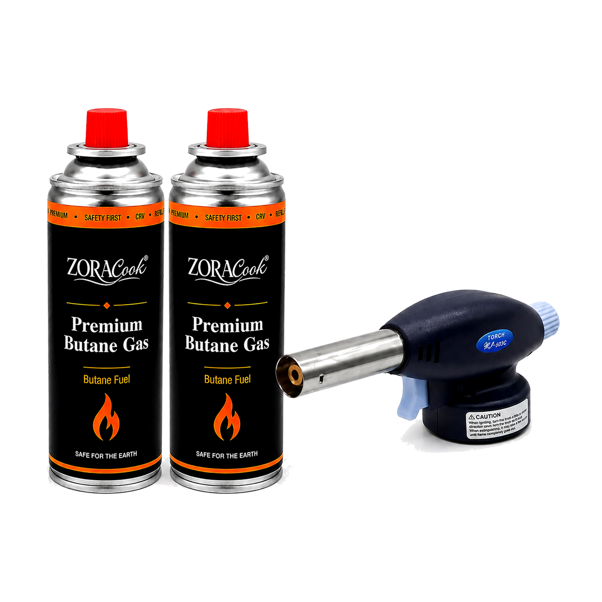 ZORACook handheld butane torch with 2 ZORACook Premium Butane Gas cans 225g