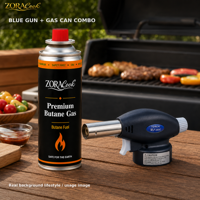 ZoraCook BBQ setup with gas and torch