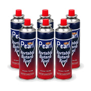 Six ZORACook 225g butane gas canisters arranged as a pack of 6