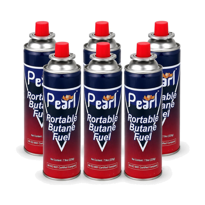 Six ZORACook 225g butane gas canisters arranged as a pack of 6