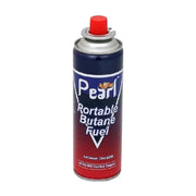 Close view of one 225g cassette-type butane gas canister from the pack