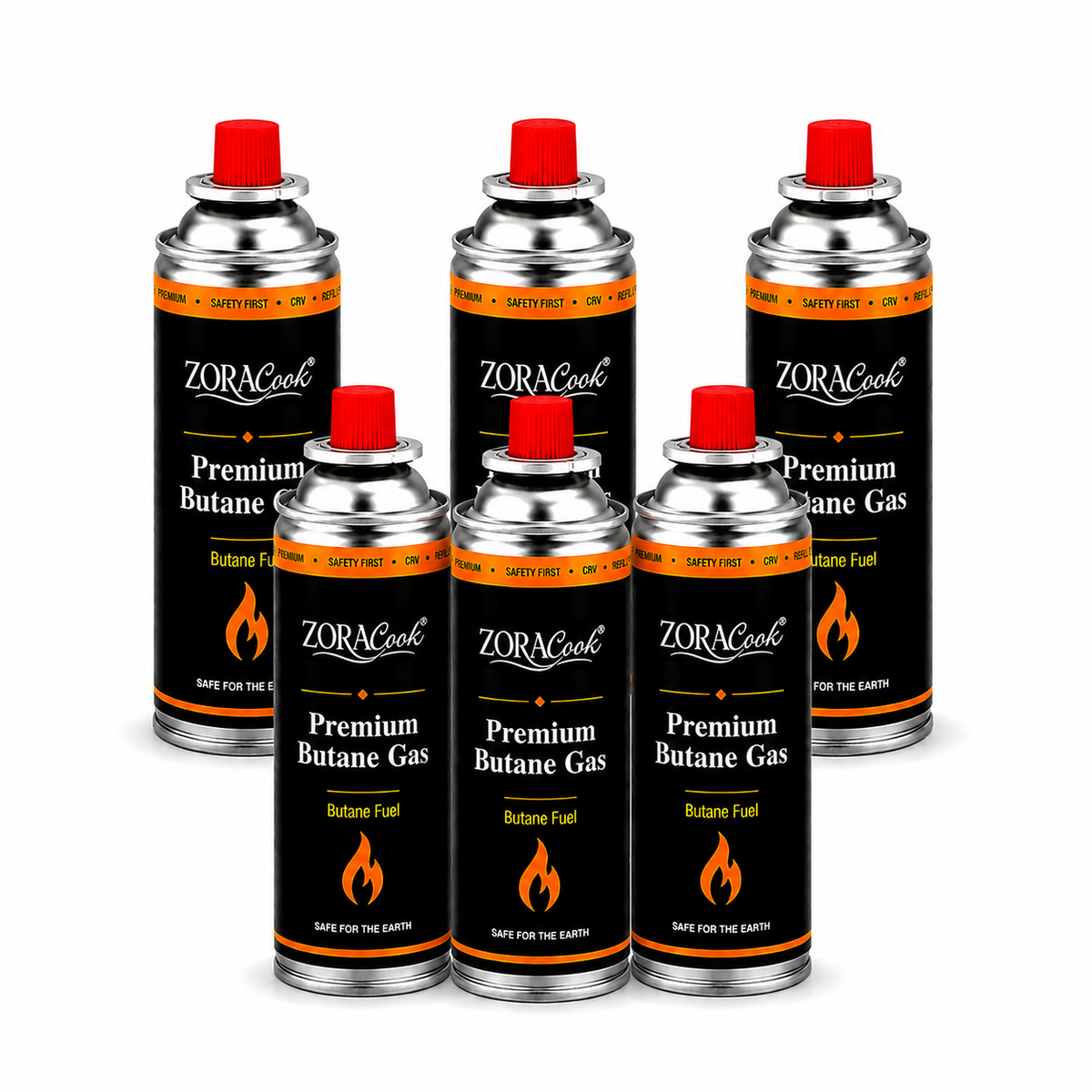 Six ZORACook 225g butane gas canisters arranged in two rows