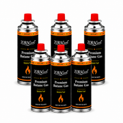 Six ZORACook 225g butane gas canisters arranged in two rows